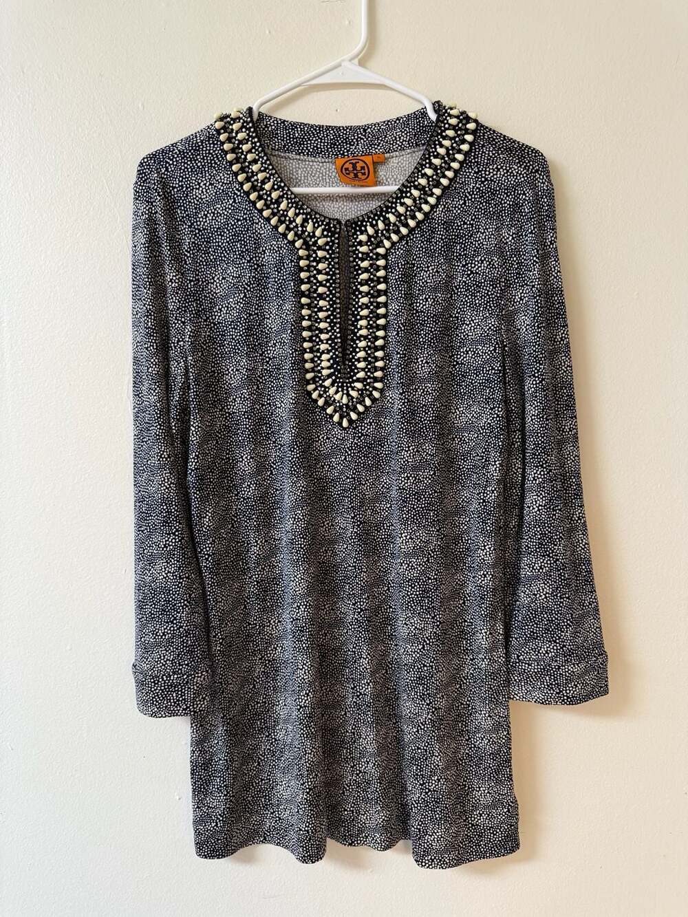 Tory Burch Women's Embellished Neckline 100% Silk Long Sleeve Top, Black and Whi